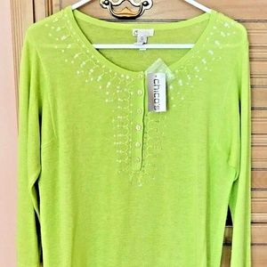 CHICO'S Women's Soft Lime Green Estella Henley Pullover Sweater 0 (2) XS